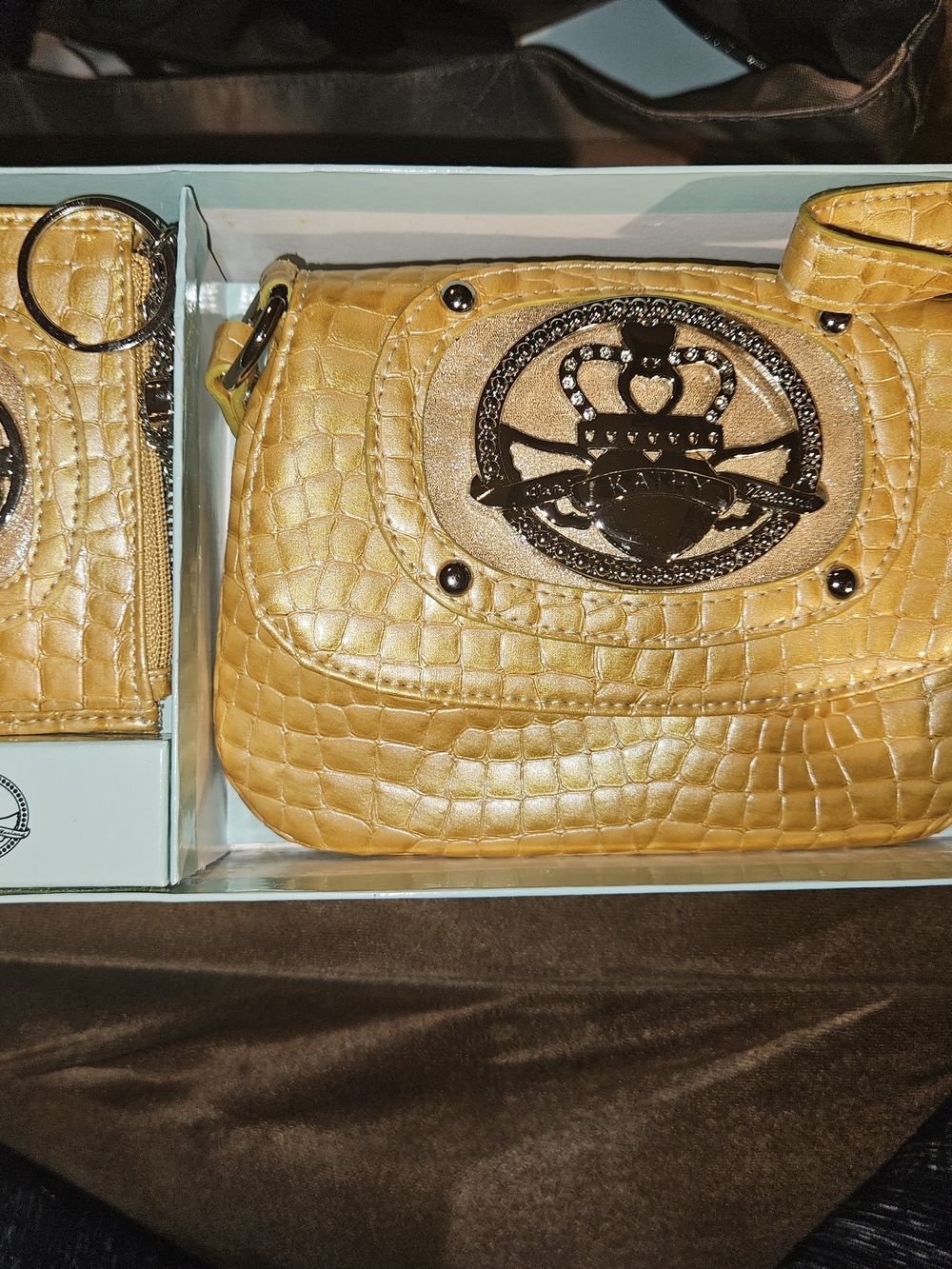 Croc-Embossed Mini Shoulder Bag in Mustard Yellow Kathy Van Zeeland Metallic Gol